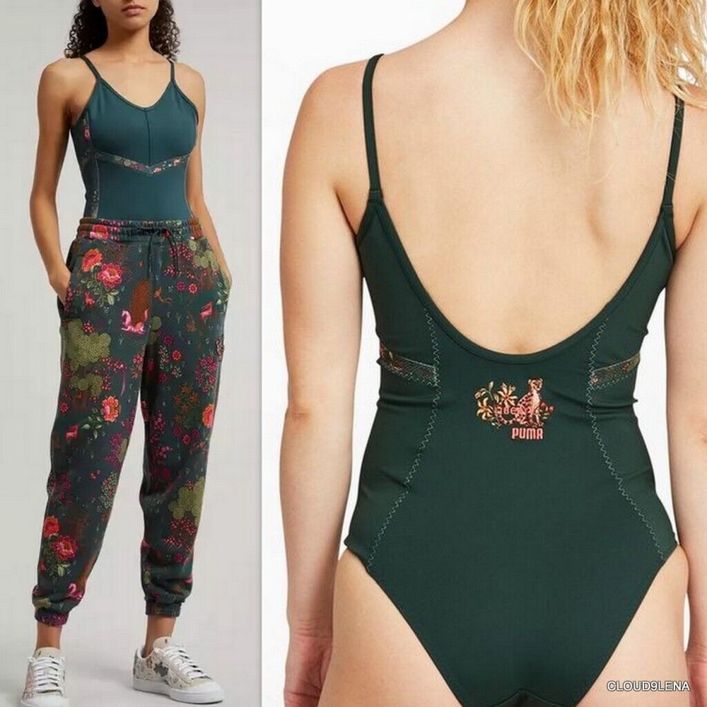 NWT PUMA x LIBERTY Forever Luxe Training Leotard Bodysuit Green Gables